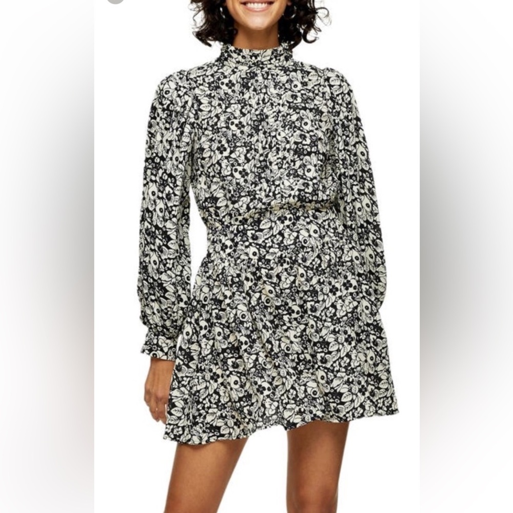 Topshop Black & Cream Floral High Neck Long Sleeve Mini Dress Size 6